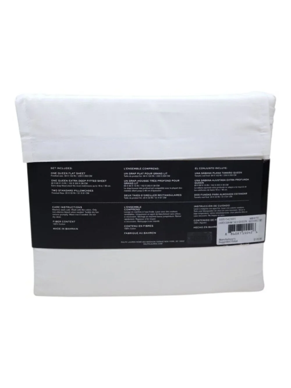 Lauren Ralph Lauren Dunham Sateen Queen White Sheet Set 300 Thread Count Cotton